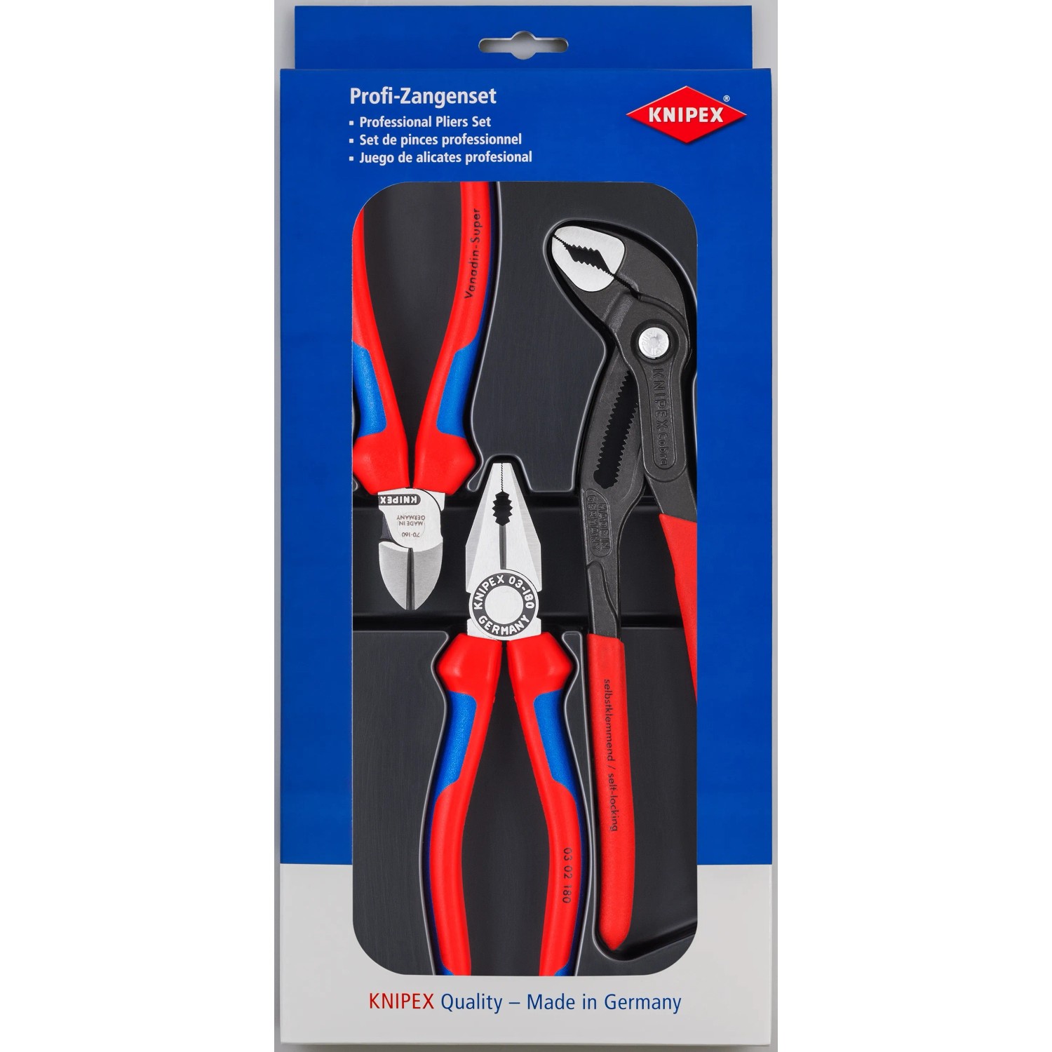 E-shop Knipex Súprava 3 klieští - kombinované, bočné štiepacie a sikovky Cobra