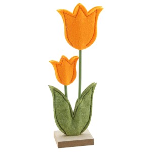 Oranžový tulipánový stojan z plsti a dreva, 19,5 cm, jarná veľkonočná dekorácia.
