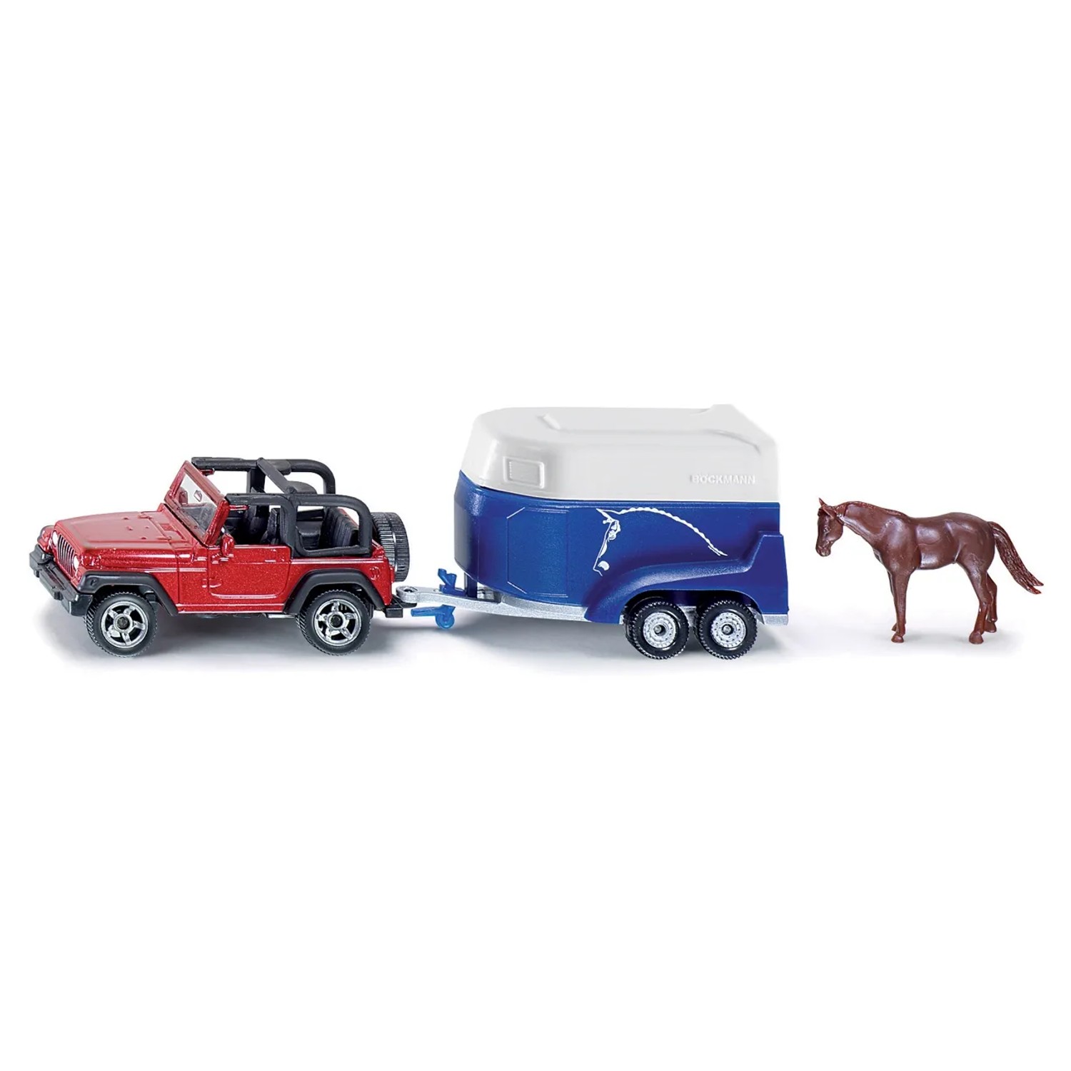 E-shop SIKU Kovový model Terénne vozidlo Jeep Wrangler s prívesom a koňom Böckmann