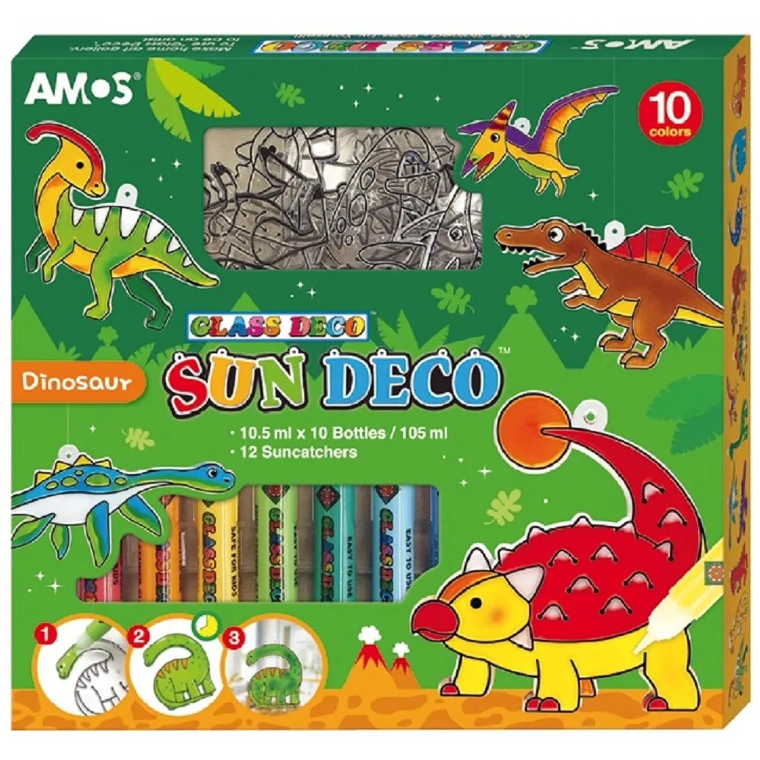 E-shop Amos Súprava farieb na sklo Dinosaurus 10 x 10,5 ml + 12 sklíčok
