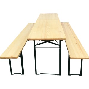 Skladacia pivná súprava s 50 cm širokým stolom a dvoma lavicami, prírodné drevo, zelený rám.