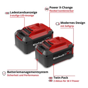 Dve červené batérie Einhell 18V 5,2Ah PXC s LED indikátorom. Power X-Change Twin-Pack pre elektrické náradie.
