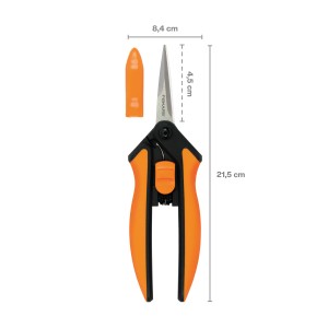 Záhradné nožnice Fiskars Microtip SP130 s oranžovými rukoväťami a ochranným krytom.