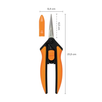 Záhradné nožnice Fiskars Microtip SP130 s oranžovými rukoväťami a ochranným krytom.