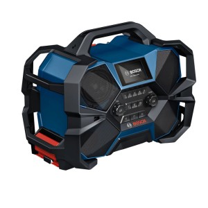 Robustné akumulátorové rádio Bosch Professional GPB 18 VH-6 SRC modro-čierne s displejom, reproduktormi a rukoväťou. Pre DAB+, Bluetooth, FM.