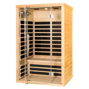 Infra sauna so sklenenými dverami a dreveným obkladom. Relax pre váš domov.