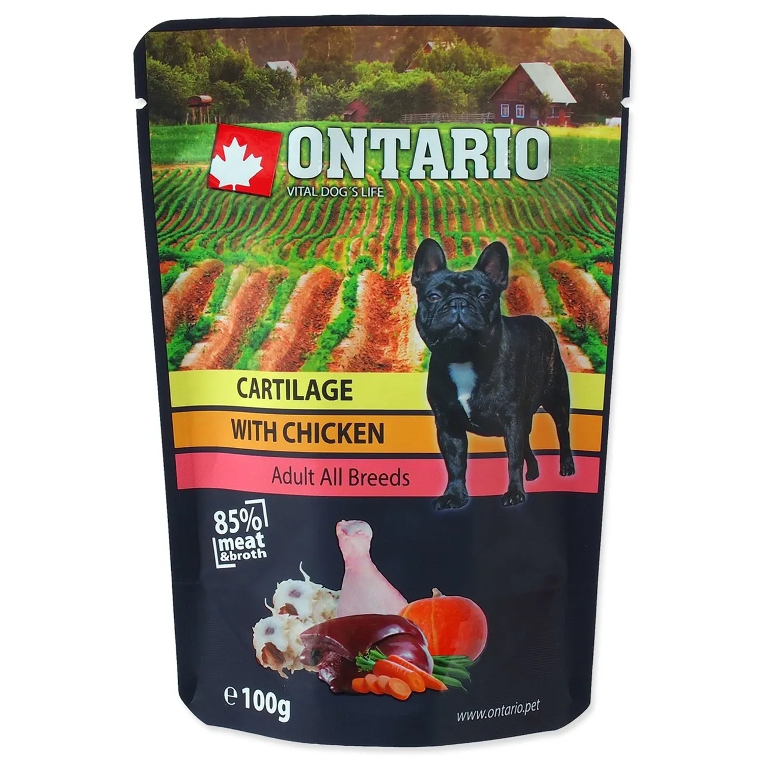 E-shop ONTARIO Kapsička pre psov Adult s kuracím mäsom a chrupavkami vo vývare 100 g