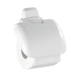 Wenko Pure držiak toaletného papiera, biely plast s vekom a rolkou toaletného papiera.