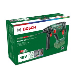 Akumulátorové vŕtacie kladivo Bosch UniversalHammer 18V v krabici. Vŕtacie kladivo je zelené a čierne.