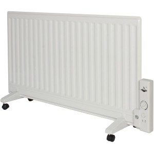 Biely elektrický olejový radiátor El Fuego 1000 W s kolieskami, termostatom a ochranou proti prehriatiu.