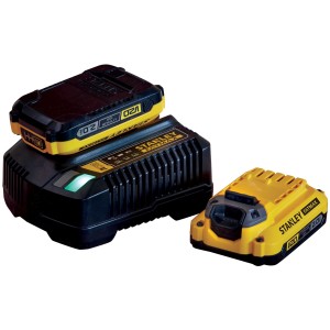 Stanley Fatmax V20 štartovacia súprava s nabíjačkou a dvoma 18V 2Ah batériami.