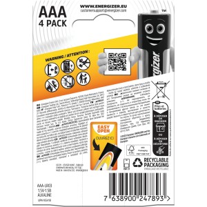 Batérie Energizer Alkaline Power AAA, balenie 4 ks pre každodenné zariadenia.