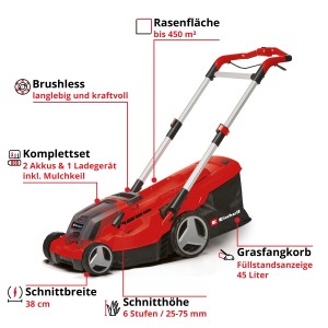 Akumulátorová kosačka Einhell Power X-Change GP-CM 36/450 so sadou batérií a nabíjačkou.