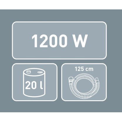 Podrobnosti o vysávači popola AS-20/1200 A: výkon 1200 W, nádrž 20 l, hadica 125 cm.
