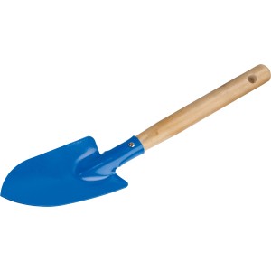 Modrá ručná lopatka na kvety s drevenou rukoväťou.