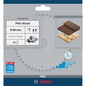 Pílový kotúč Bosch Standard for Wood Ø 85 mm pre akumulátorové píly. Odolný kotúč s karbidovými zubami pre presné rezy dreva.
