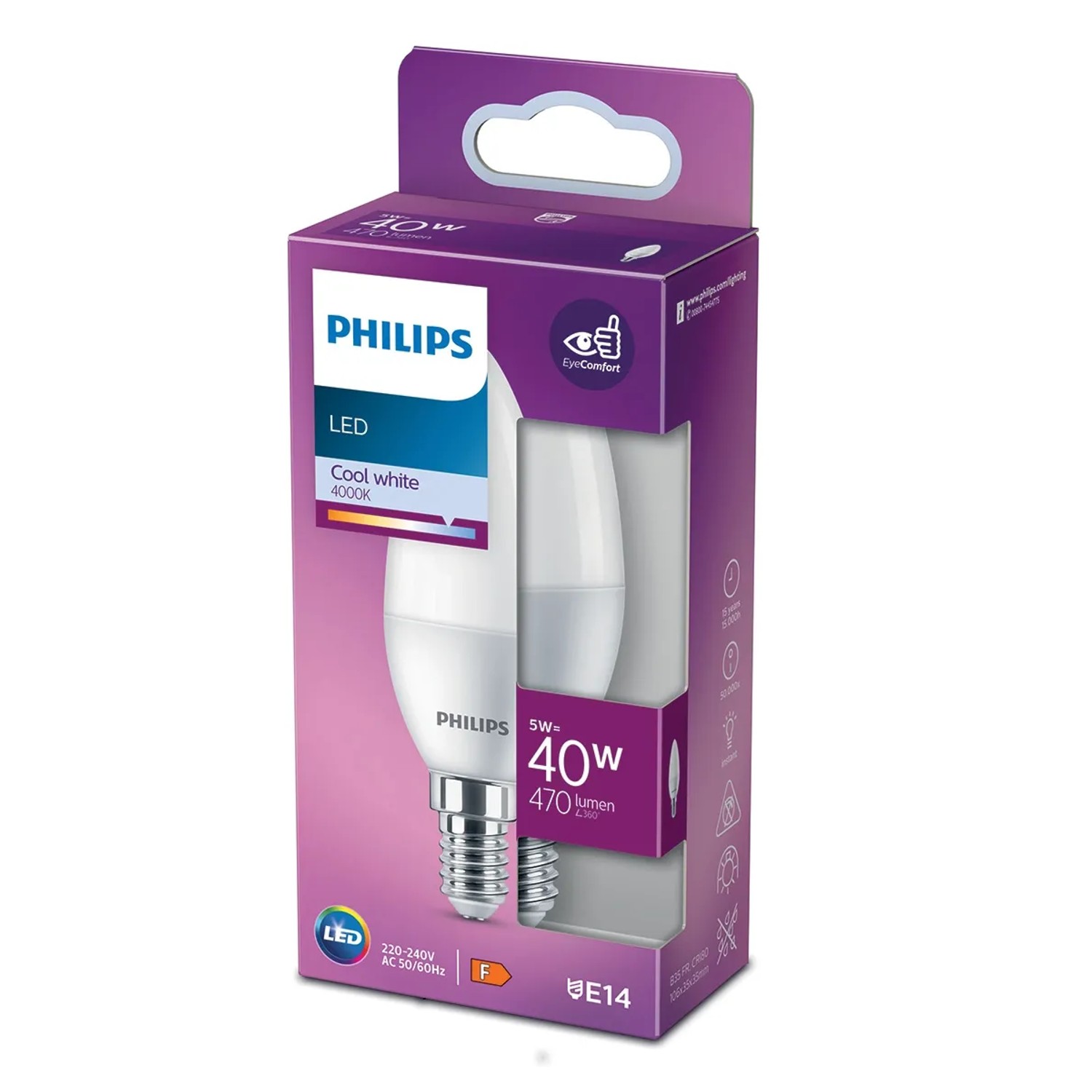 E-shop Philips Classic LED žiarovka E14, 5 W, 470 lm, 4000 K, tvar sviečky