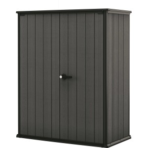 Sivý univerzálny box/záhradný domček s dvojkrídlovými dverami a madlom.
