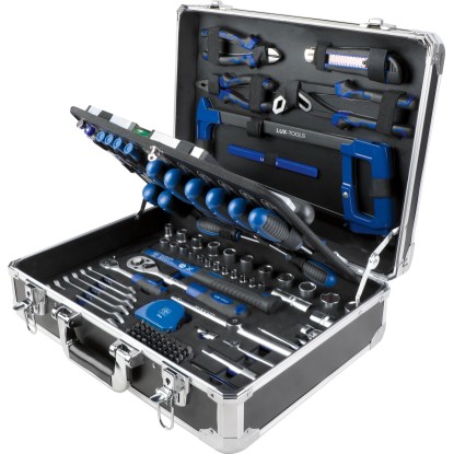 LUX-TOOLS kufor na náradie 155-dielny, hliníkový, otvorený s náradím z chróm-vanádiovej ocele: račne, skrutkovače, kliešte.