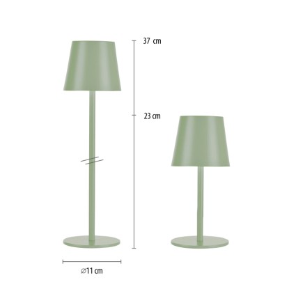 Zelená LED akumulátorová stolná lampa Euria od Just Light, výška 37 cm a 23 cm, pre vnútorné aj vonkajšie použitie.