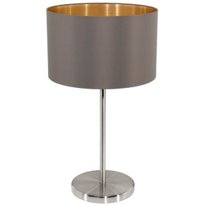 Eglo stolná lampa Maserlo Cappuccino, nočná lampa s látkovým tienidlom vo farbe cappuccino a matným niklovým podstavcom.