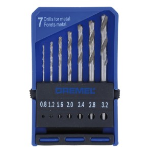 Sada presných vrtákov Dremel 628, 7-dielna, pre miniatúrne nástroje, v úložnom boxe.