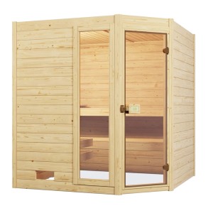 Rohová sauna z masívneho dreva Weka Valida so sklenenými dverami/oknom, sada kachlí 9 kW.