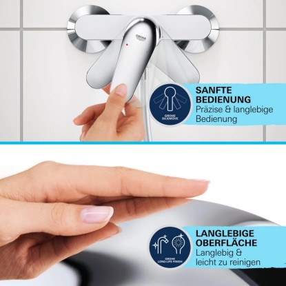 Grohe QuickFix Start sprchová batéria: Chrómová armatúra s rukou na páke, detail povrchu.
