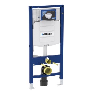 Geberit Duofix inštalačný prvok pre závesné WC s nádržkou, modrý rám a biela nádržka.
