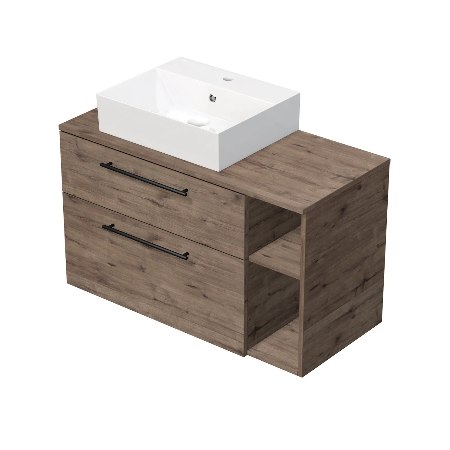 E-shop INTEDOOR Skriňa+umývadlo BEE, úchyt čierny, š.100 cm regál vpravo dub Wellington