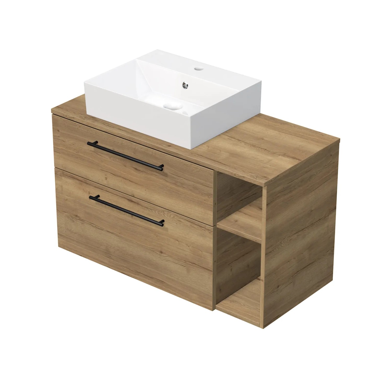 E-shop INTEDOOR Kúpeľ.skriňa+umývadl BEE, úchyt čierny, 100cm, regál vpravo dub Halifax