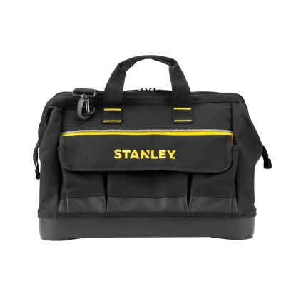 Detail čiernej pracovnej tašky Stanley so zosilneným dnom.
