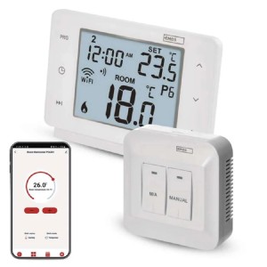 EMOS Smart Home termostat s displejom, spínačom a aplikáciou pre smartfón.