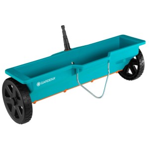 Rozmetadlo Gardena Combisystem na hnojivá a semená, tyrkysové s čiernymi kolesami.