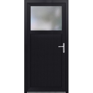 Plastové vedľajšie vchodové dvere, bielo/antracitové, so sklenenou vložkou a kľučkou. Pravé.
