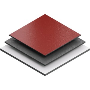 Rez laminátom v červenej, šedej a bielej farbe, vhodný pre pílové listy Bosch.
