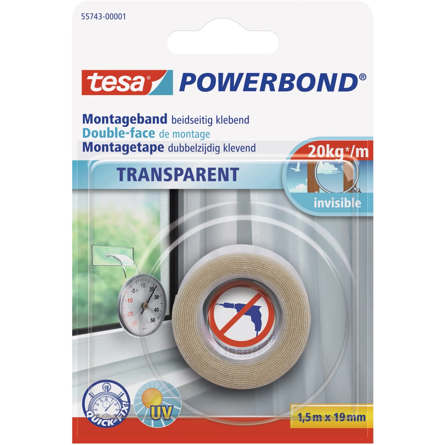 E-shop tesa Obojstranná montážna páska Powerbond TRANSPARENT, priehľadná, 1,5 m x 19 mm