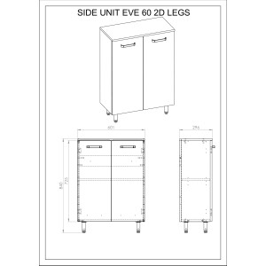 Nákres: Biely Maximus Eve 60 cm skrinka pod umývadlo s 2 dvierkami a chrómovými úchytkami.