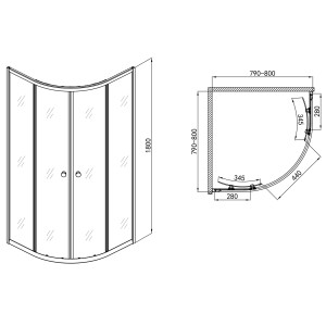 Technický nákres: Sanotechnik rohový sprchovací kút 180x80 cm s pruhovaným sklom, rozmery a detaily.