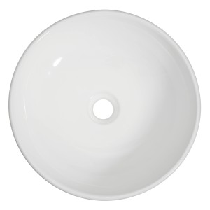 Okrúhle, biele keramické umývadlo na dosku (Ø 42 cm), bez otvoru pre batériu.