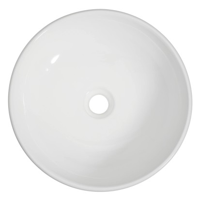 Okrúhle, biele keramické umývadlo na dosku (Ø 42 cm), bez otvoru pre batériu.