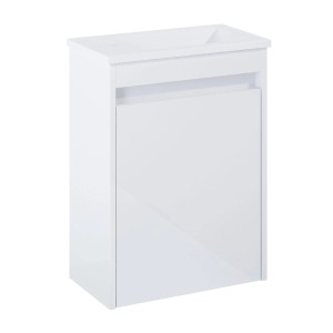 Biely umývadlový set Roca Evelyne 45 cm s keramickým umývadlom a vysokým leskom. Moderný kúpeľňový nábytok.