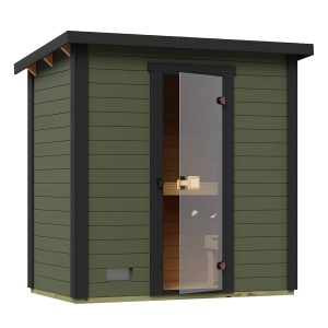 Saunový domček Weka Kaapi 1 v sivozelenej farbe so sklenenými dverami a drevenými stenami. Kompaktná sauna do záhrady.