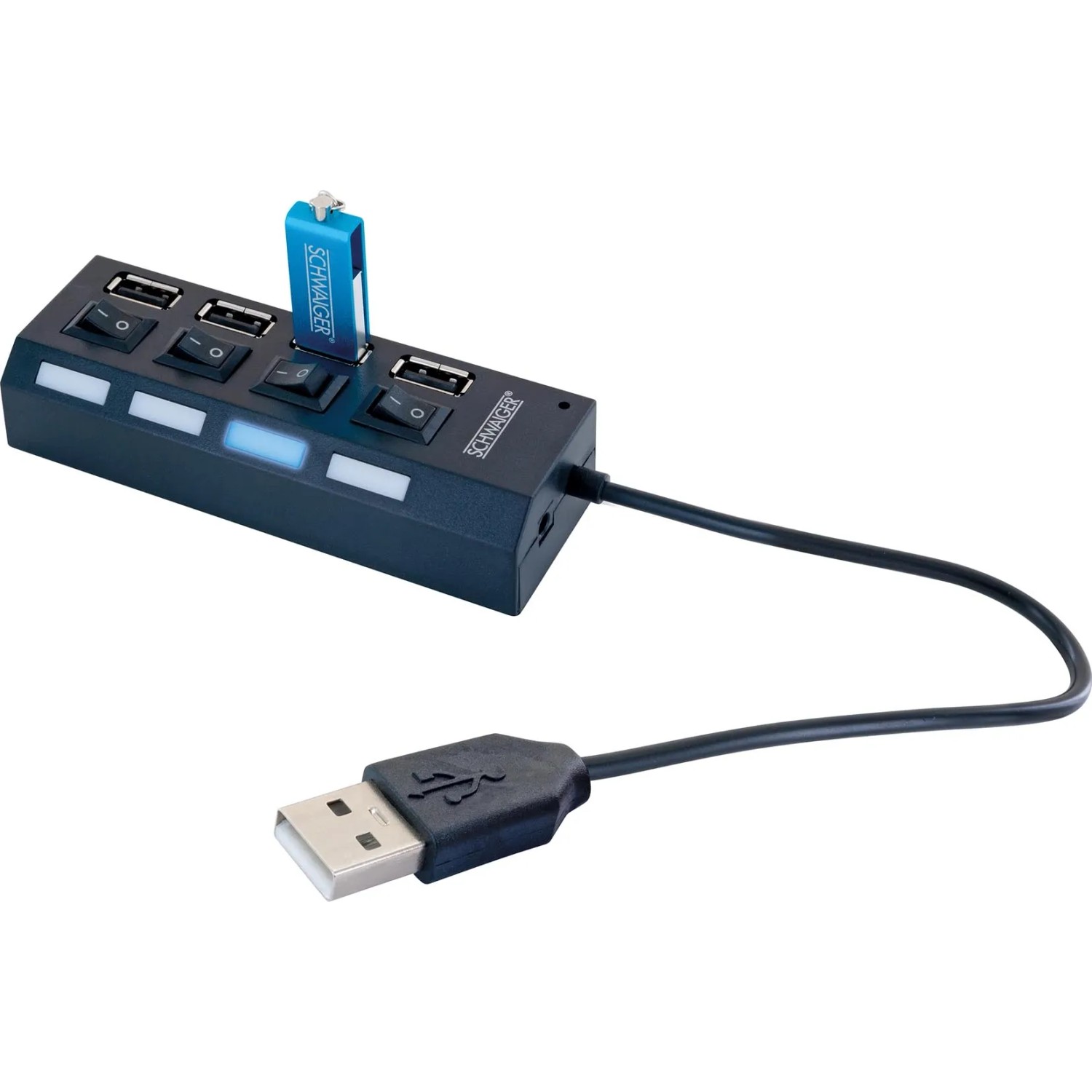 E-shop Schwaiger Rozbočovač USB 2.0 s vypínačom a LED diódami, 4x USB-A, čierna