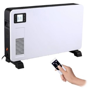 Biely elektrický ohrievač s digitálnym displejom a diaľkovým ovládaním.