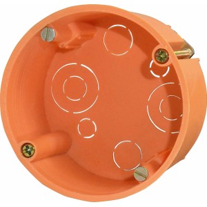 Oranžová krabica do dutých stien Ø 68 mm s rozpernými pazúrmi a vylamovacími otvormi pre káble a rúrky.