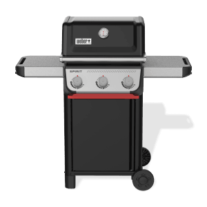 Čierny plynový gril Weber E-310 Spirit s 3 horákmi a bočnými stolíkmi.