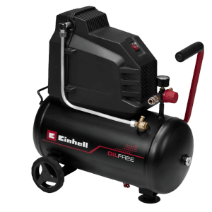 Čierny kompresor Einhell TC-AC 190/24/8 I OF, bezolejový, s kolieskami, červenou rukoväťou a manometrom.