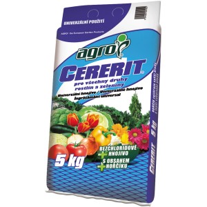 Balenie univerzálneho hnojiva Cererit 5kg s ilustráciou zeleniny a kvetov.
