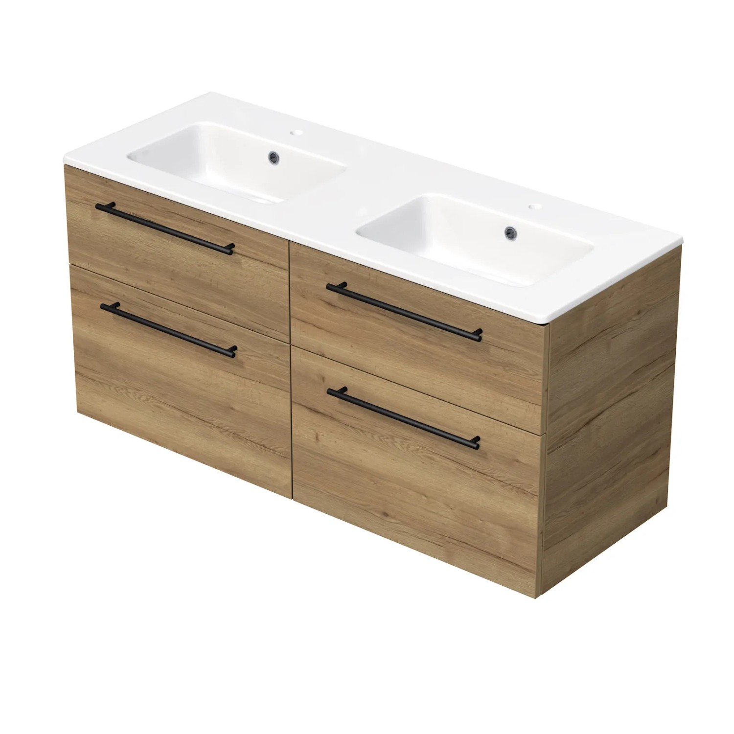 E-shop INTEDOOR Kúpeľ.skriňa+dvojumývadlo BEE úchyt čierny, 4zás., š.121cm, dub Halifax